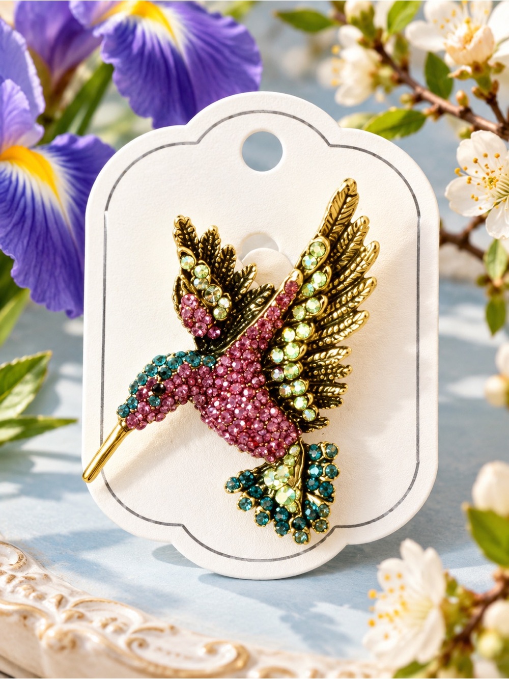 Colorful Hummingbird Brooch with Purple & Green Crystals NWT